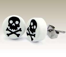 Black and White Skull Crossbones Studs Earrings in 316L Stainless Steel