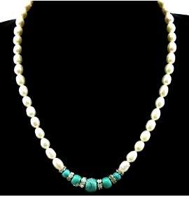 ASHA CRAFT -  Elegant Freshwater Pearl, Genuine Turquoise and Rhinestone Necklace.