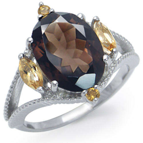 ASHA CRAFT - 5.83ct Genuine Smokey Quartz & Citrine 925 Sterling Silver Ring. Size 10 / U
