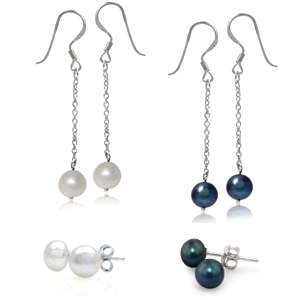BLACK AND WHITE - 4 pairs of Genuine Freshwater Pearl 925 Sterling Silver Earrings