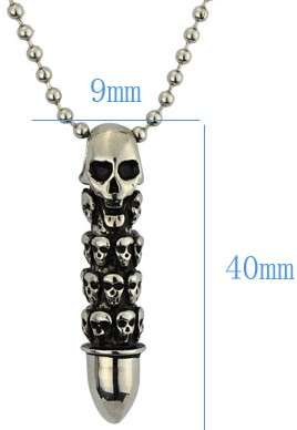 316L Stainless Steel Men's Bullet Skull Pendant and Chain