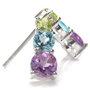 3-Stone Natural Amethyst, Blue Topaz & Peridot 925 Sterling Silver Post Earrings