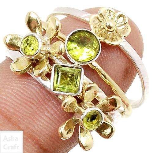 handcraft 9CT YELLOW GOLD VERMEIL PERIDOT 925 STERLING SILVER RING SET