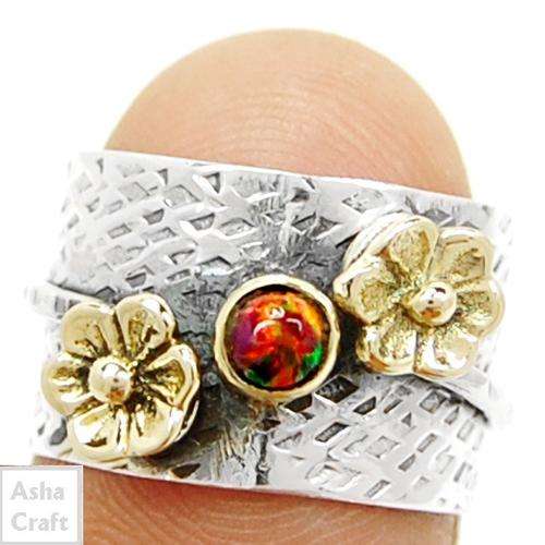 handcraft 9CT YELLOW GOLD VERMEIL FIRE OPAL 925 STERLING SILVER RING