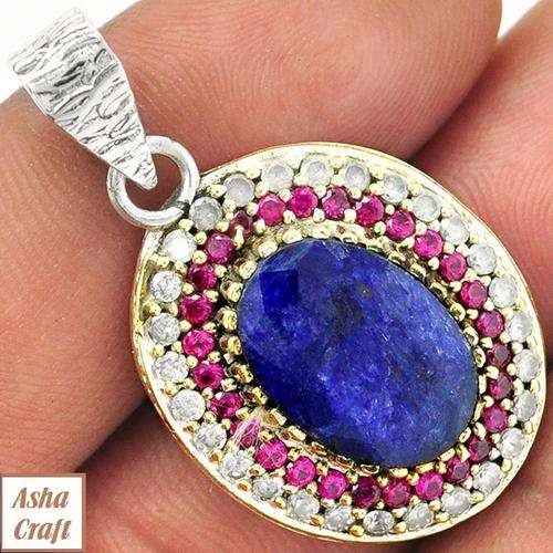TWO TONE SAPPHIRE, PINK KUNZITE & CR DIAMOND 925 STERLING SILVER PENDANT JEWELRY