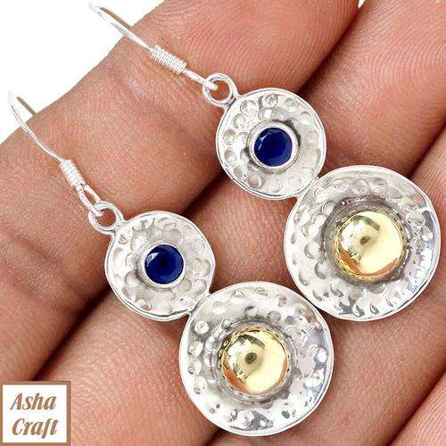 18K GOLD VERMEIL TWO TONE GENUINE SAPPHIRE EARRINGS JEWELRY