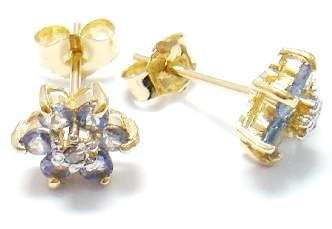GENUINE 9CT GOLD EARRINGS NATURAL TANZANITE FLOWERS