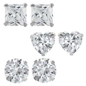 925 STERLING SILVER SET OF 3 PAIRS CUBIC ZIRCONIA STUD EARRINGS