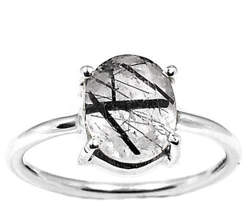 TOURMALATED QUARTZ (BLACK RUTILE) FINE 925 STERLING SILVER RING