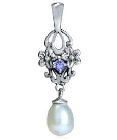 Genuine White Pearl & Tanzanite 925 Sterling Silver Flower Pendant