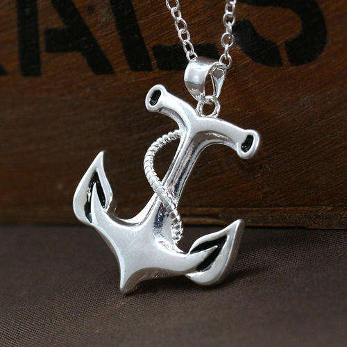 Silver Boat Anchor Pendant Necklace Chain 20''