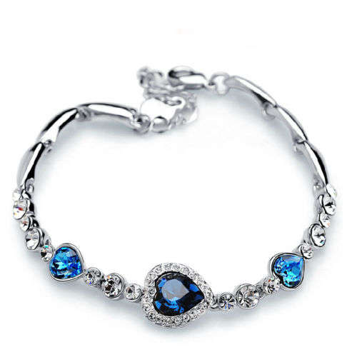 Sapphire Blue Rhinestone Crystal Heart Bangle Bracelet Gift Jewelry