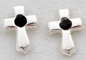 Brand New Black CZ Cross Stud Earrings in 925 Solid Sterling Silver  (5069)