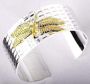 Brand New Silver Cuff Bangle with Golden Dragonfly detail - Medium