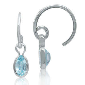 Brand New Genuine Blue Topaz C-Hoop 925 SOLID Sterling Silver Earrings  (7083)