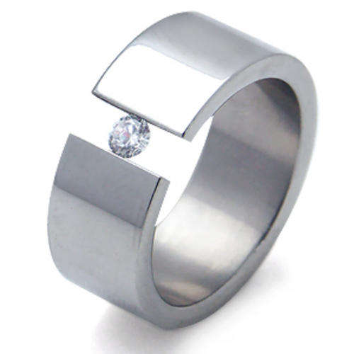 Size 6.5 / N - Authentic Stainless Steel & Cr. Diamond Wedding Band Ring  (9096)