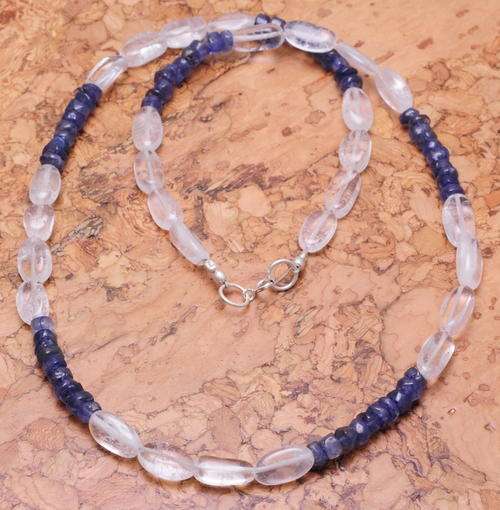 ASHA CRAFT - 100% REAL Iolite and Crystal Gemstones Choker 925 Sterling Silver Clasp