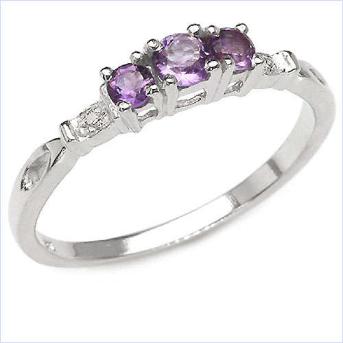 ASHA CRAFT - 100% REAL 0.27ct Amethyst and Diamond 925 Sterling Silver Ring Size 7 / O