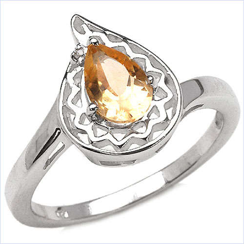 ASHA CRAFT - 100% REAL 0.86ct Citrine and Diamond 925 Sterling Silver Ring Size 7 / O
