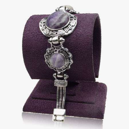 Graceful Carved Floral Simulated Amethyst Tibet Silver Bracelet