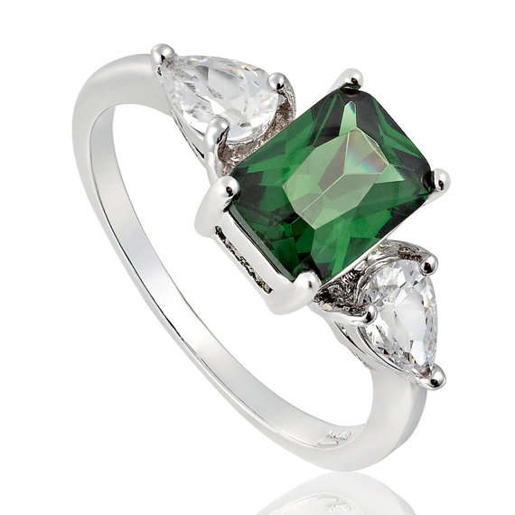 Emerald Cubic Zirconia 18K Gold Plated Silver Tone Engagement Ring - Size 8
