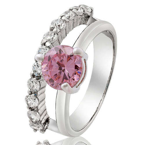Round Cut Pink Sapphire Fine Clear Topaz Ring  - Size 7