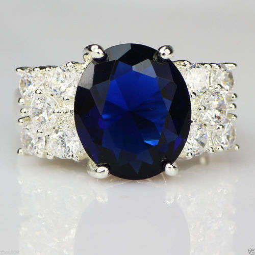 Blue Sapphire Dress Ring 925 Silver White Gold Filled - Sz 8