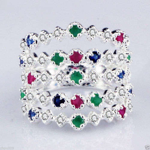 925 Silver Filled Multicolor Gemstone Ring 304 - Size 9