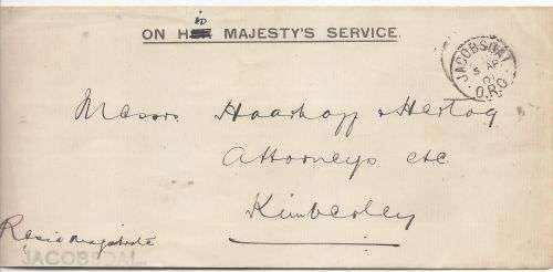 BOER WAR COVER CENSORED, JACOBSDAL TO KIMBERLY 1901