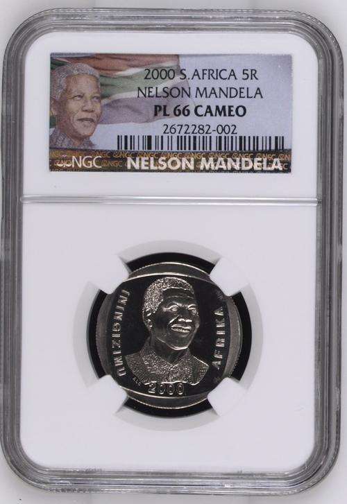 SUPER HIGH GRADE : ***PL66 CAMEO*** MANDELA 2000 SMILEY R5 NGC GRADED NEW LABEL