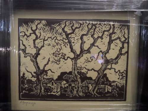 Gregoire Boonzaier (1909-2005) linocut Old Farm House dated 1978 in a beautiful frame