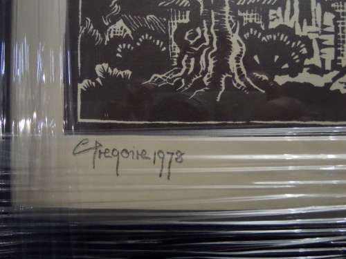 Gregoire Boonzaier (1909-2005) linocut Old Farm House dated 1978 in a beautiful frame