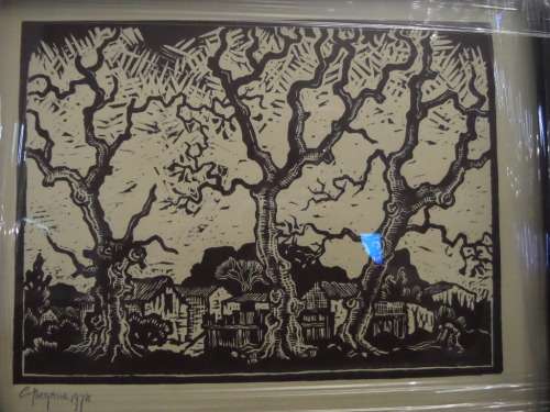 Gregoire Boonzaier (1909-2005) linocut Old Farm House dated 1978 in a beautiful frame