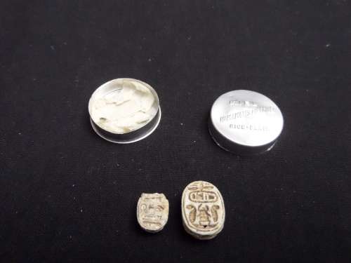 Egyptian Scarabs Amulet (Goodluck Charms with a message to congratulate a newborn)in Paris holder