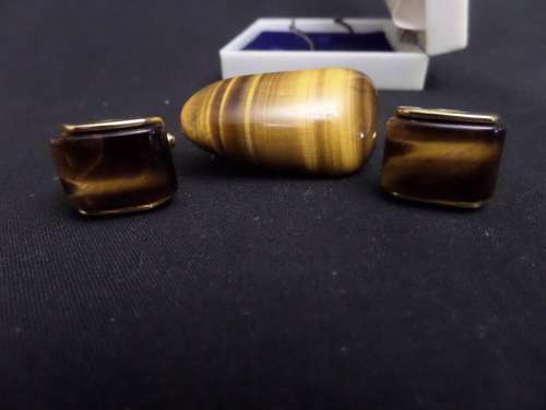 Set of Tiger Eye Cufflinks and Brooch