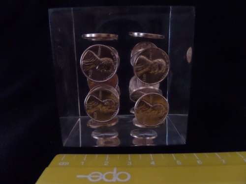 Interesting Paper Weight with United States of America One Cents in a Block Setting