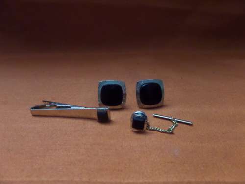 Cufflink and Tle Clip Set with Black Stone