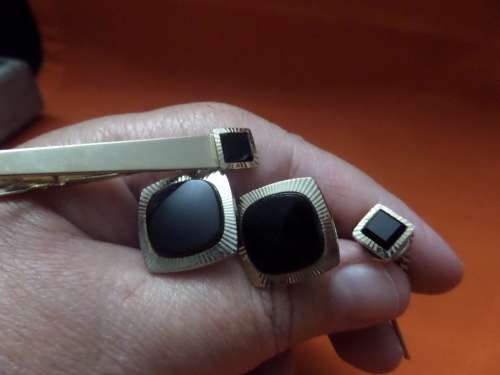 Cufflink and Tle Clip Set with Black Stone