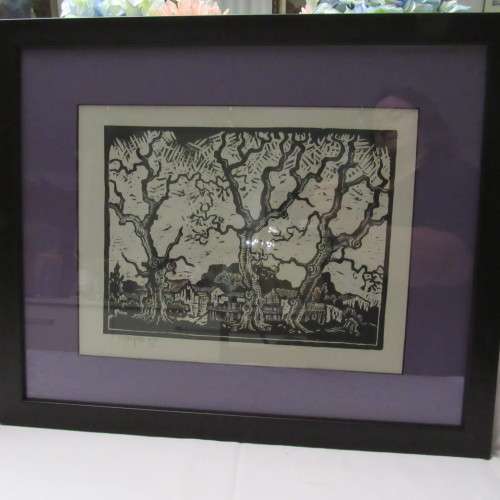 Linocut Gregoire Boonzaaier 1909-2005 Bare Oak Trees Kenilworth with Table Mountain and Devils Peak