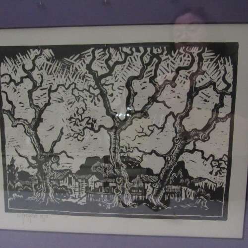 Linocut Gregoire Boonzaaier 1909-2005 Bare Oak Trees Kenilworth with Table Mountain and Devils Peak