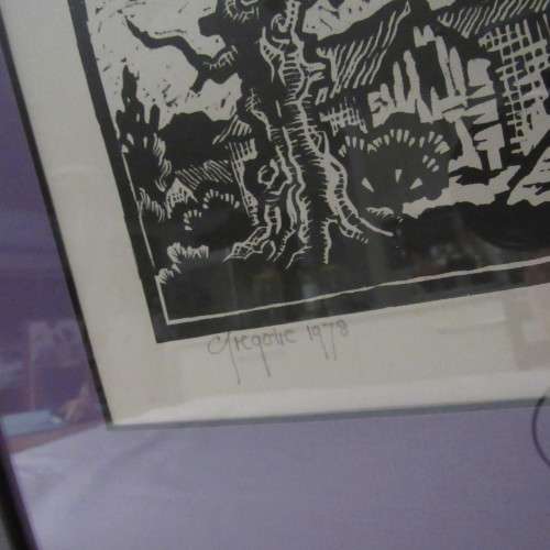 Linocut Gregoire Boonzaaier 1909-2005 Bare Oak Trees Kenilworth with Table Mountain and Devils Peak