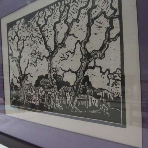 Linocut Gregoire Boonzaaier 1909-2005 Bare Oak Trees Kenilworth with Table Mountain and Devils Peak