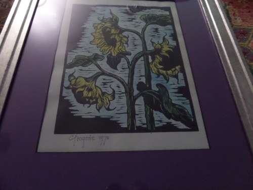 Linocut Gregoire Boonzaier 1909 -2005 Sunflowers 1978 in Beautiful Frame