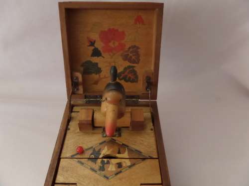 Very Interesting  Vintage Mechanical Bird Cigarette Dispenser with inlay woodwork Cir 1950's