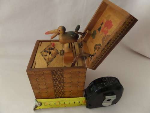 Very Interesting  Vintage Mechanical Bird Cigarette Dispenser with inlay woodwork Cir 1950's