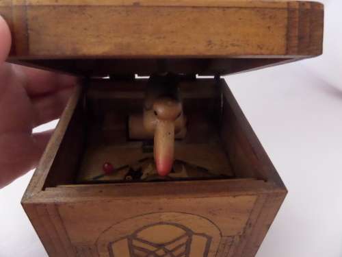 Very Interesting  Vintage Mechanical Bird Cigarette Dispenser with inlay woodwork Cir 1950's