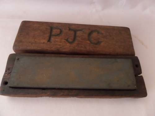 Antique Razor Knife Sharpening Stone in Wooden Box - Lots of Character  - with Engraving P.J.C