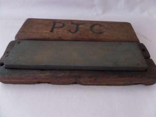 Antique Razor Knife Sharpening Stone in Wooden Box - Lots of Character  - with Engraving P.J.C