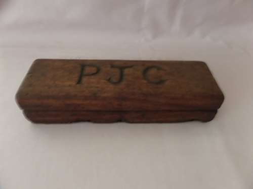 Antique Razor Knife Sharpening Stone in Wooden Box - Lots of Character  - with Engraving P.J.C