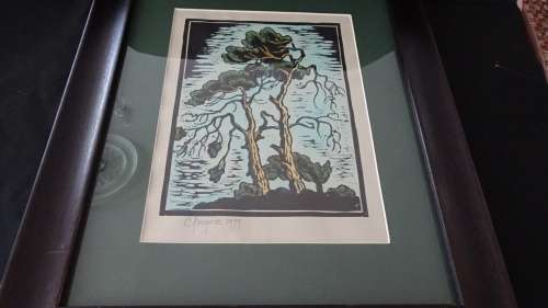 Gregoire Boonzaier 1909 - 2005 Linocut  Wind Swept Pine Trees- Signed in Pencil and dated 1979